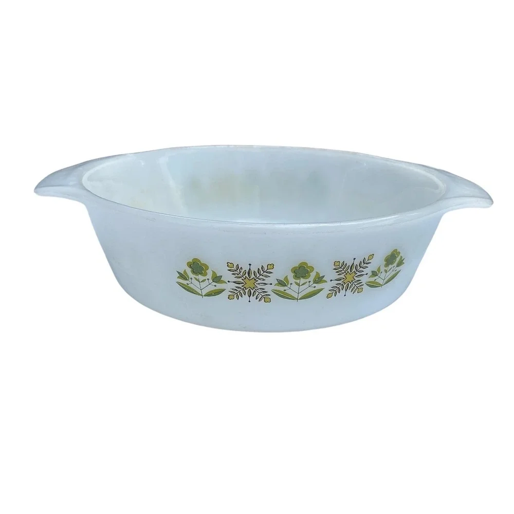 Anchor Hocking Fire King Milk Glass Casserole Dish Set Green Floral MCM Set of 2